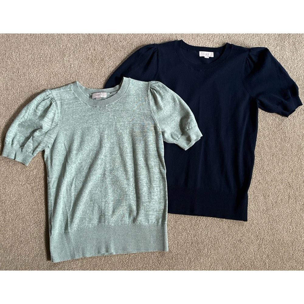 Loft Outlet Sweater Womens XS Navy Blue & Green Knit V Neck Puff Sleeve Lot Of 2